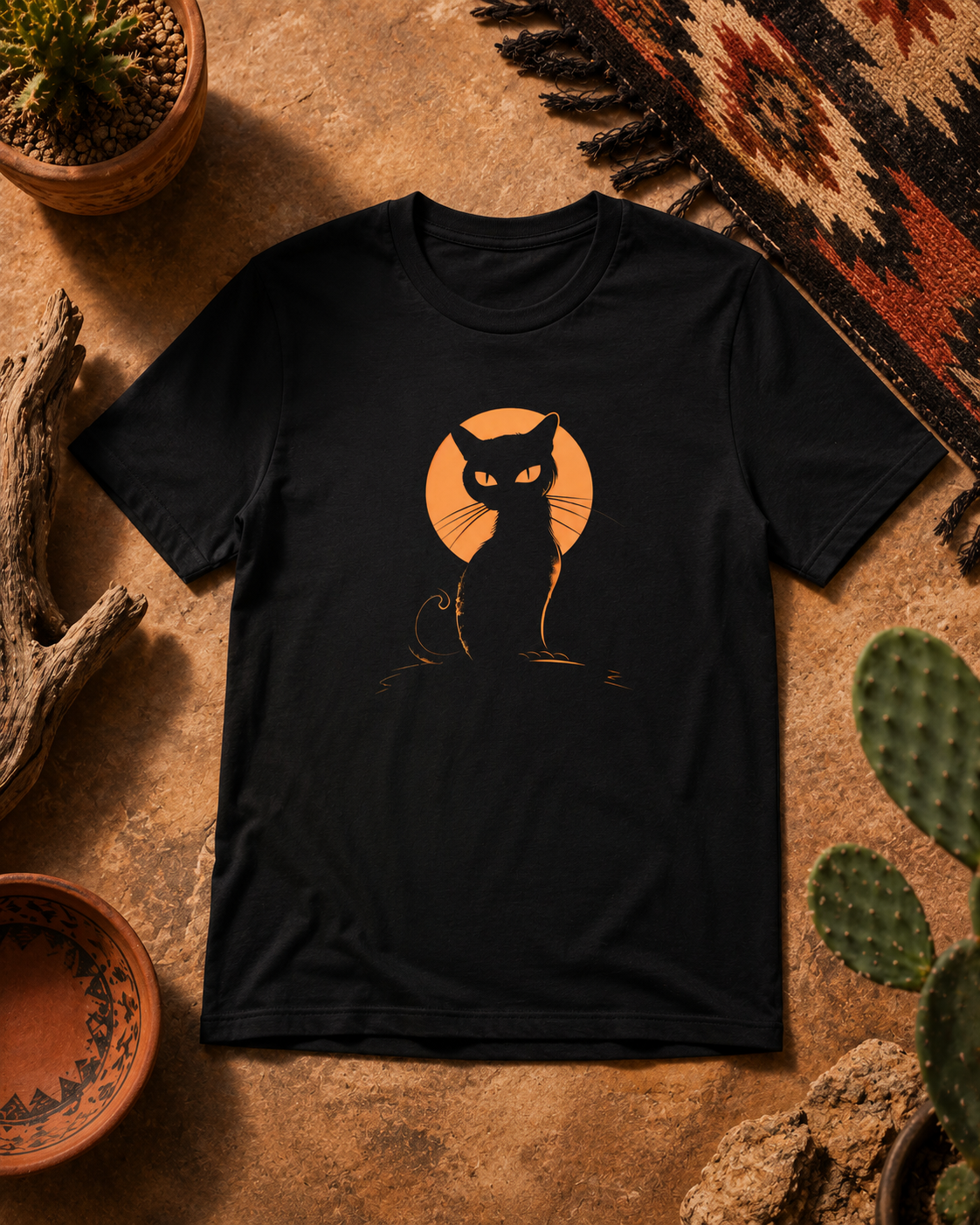 A black short-sleeve t-shirt with a graphic of a black cat silhouette sitting in front of an orange full moon, displayed in a flat-lay arrangement on a rustic brown textured surface with plants and a patterned rug.