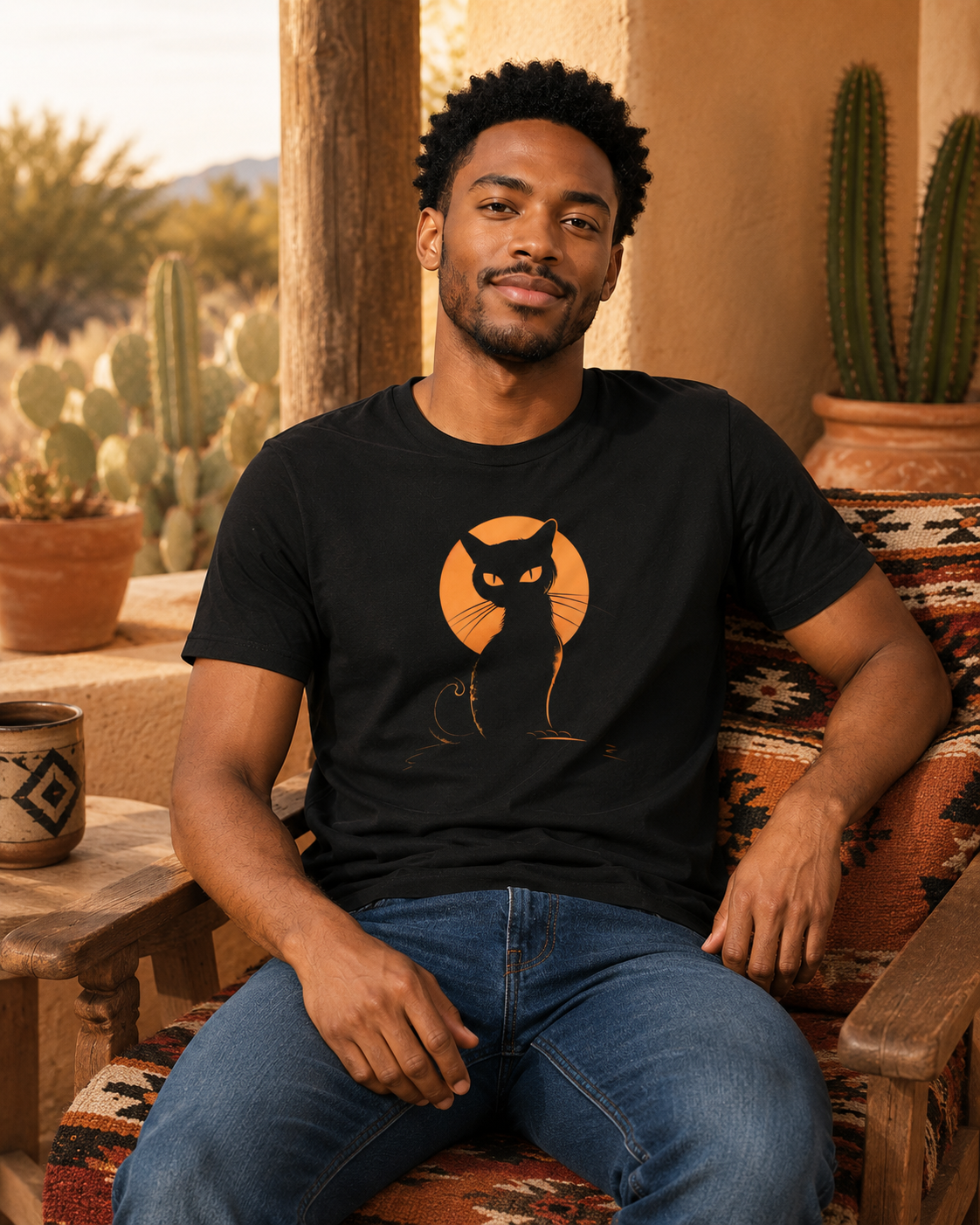 A man wearing a black crewneck t-shirt with a graphic of a black cat silhouette against an orange circular moon, sitting on a patterned chair in a warm desert-style setting.