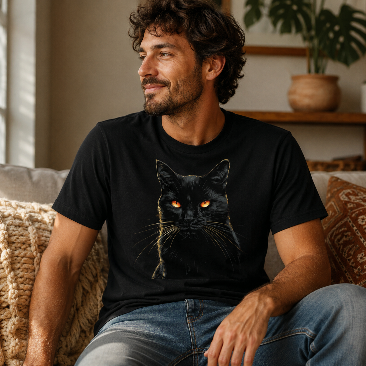 Midnight Feral Black Cat Shirt with hyperrealistic black cat portrait and glowing amber eyes on black tee