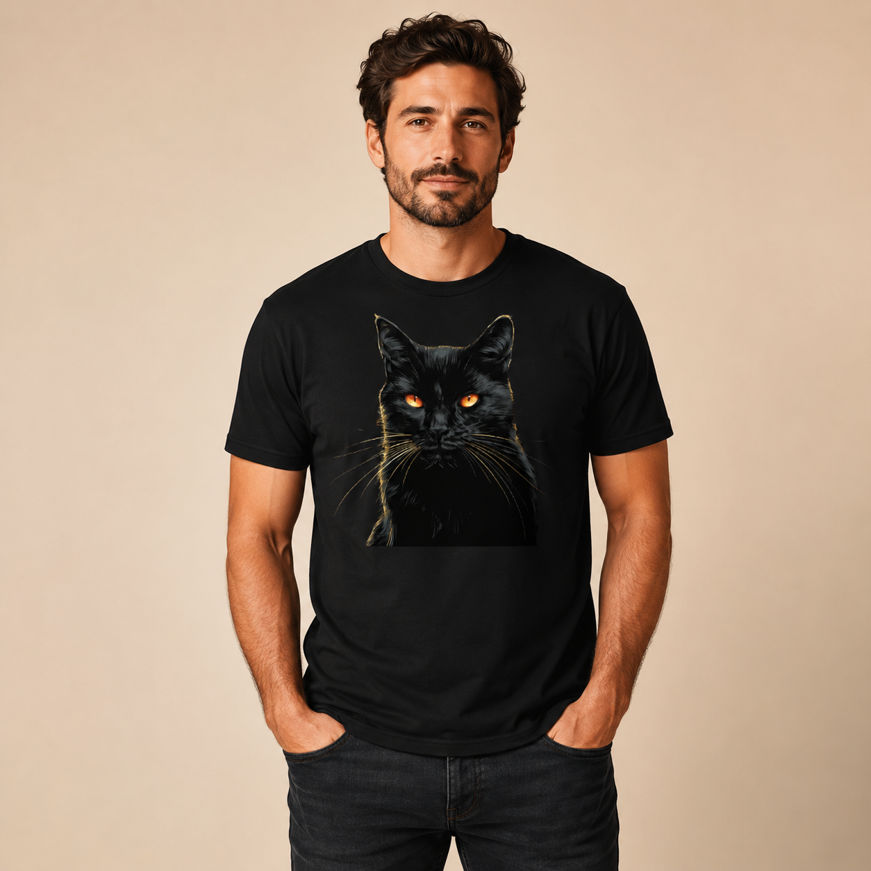 Man wearing a Midnight Feral Black Cat Shirt with hyperrealistic black cat portrait and glowing amber eyes on black tee on a beige background