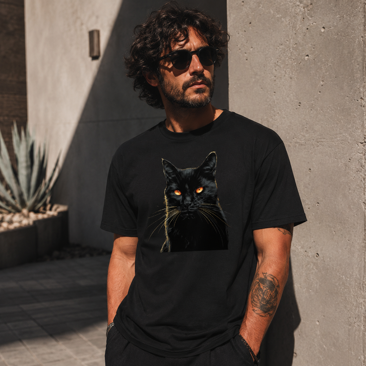 Man wearing a Midnight Feral Black Cat Shirt with hyperrealistic black cat portrait and glowing amber eyes on black tee.