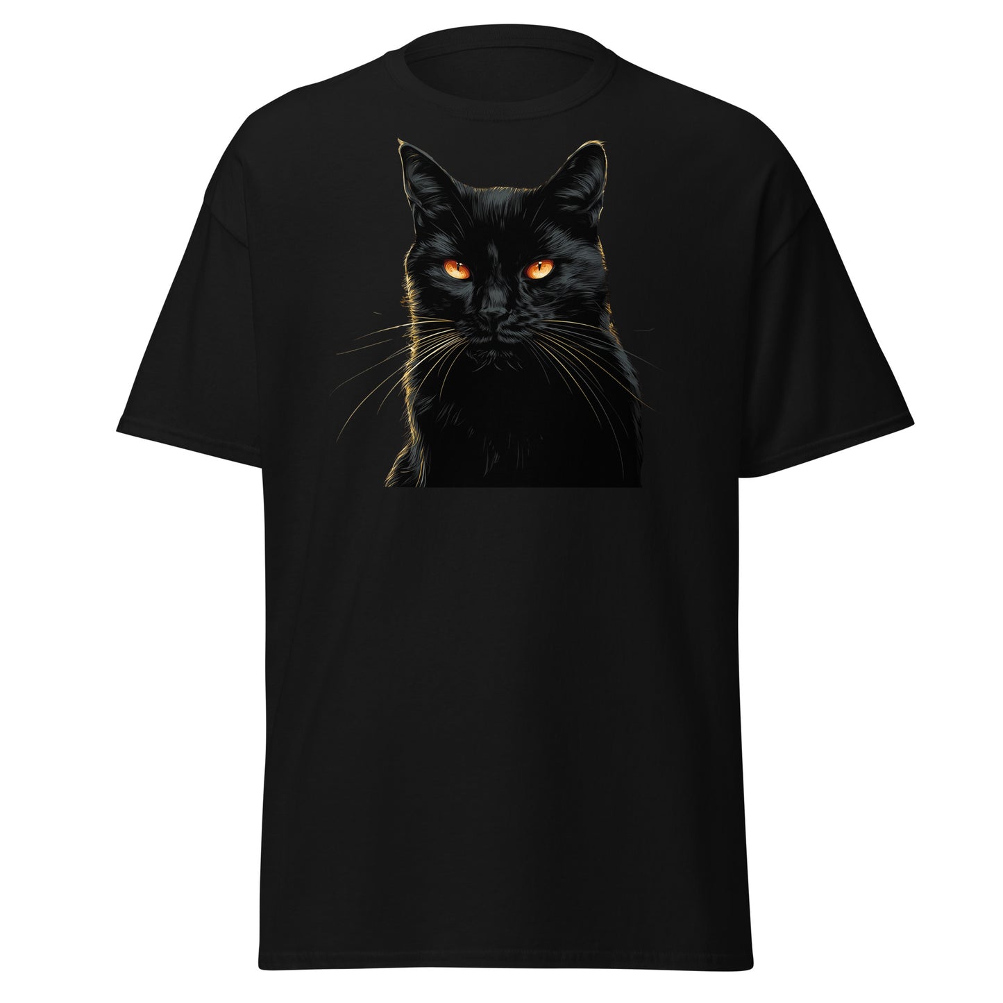 Midnight Feral Black Cat Shirt with hyperrealistic black cat portrait and glowing amber eyes on black tee on white background 