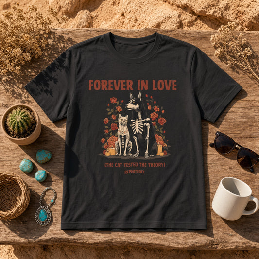 Black t-shirt featuring skeleton dog and cat design on a wooden table with decor with the text 'Forever In Love (The Cat Tested The Theory Repeatedly)'