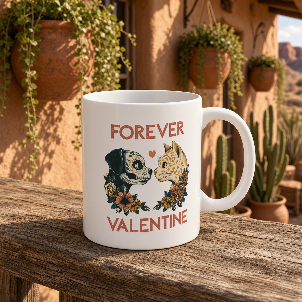 Coffee mug displaying dog and cat design, resting on a wooden railing with hanging plants with the caption 'FOREVER VALENTINE'.