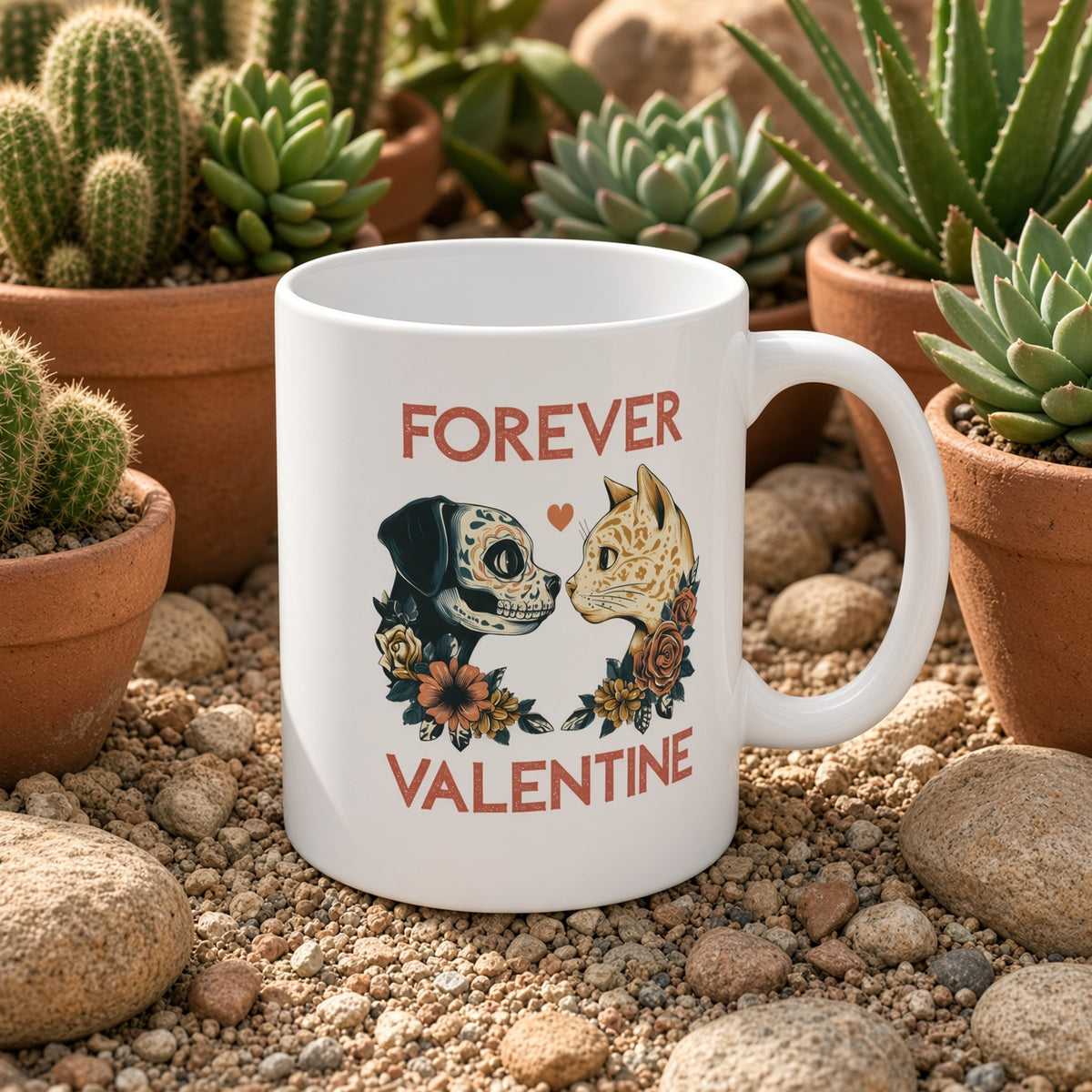 Mug with romantic dog and cat art, set on a sandy surface with succulents with the caption 'FOREVER VALENTINE'.