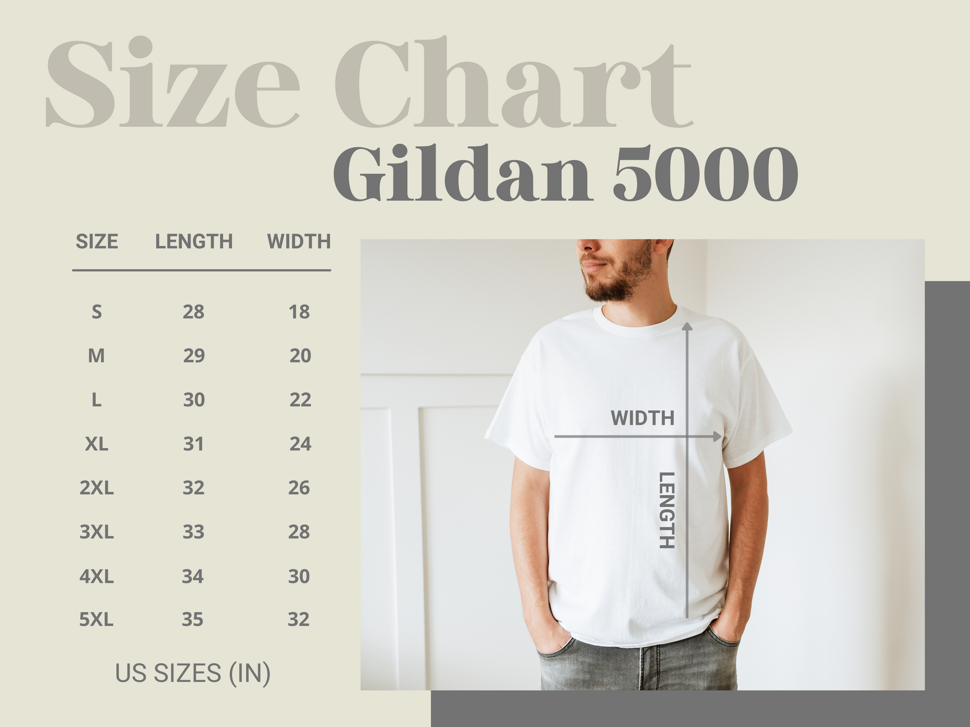 Gildan 5000 size chart white t-shirt and measurement lines.