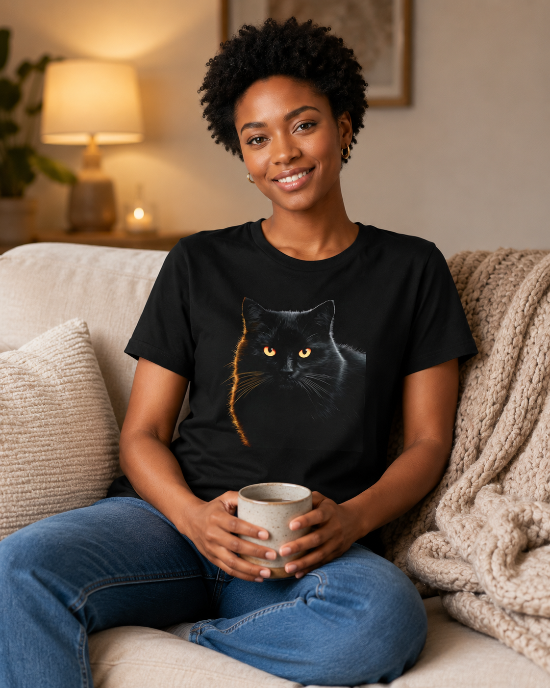 A woman sitting on a beige couch in a cozy living room setting, wearing a black graphic t-shirt with a detailed illustration of a black cat with glowing yellow eyes and a gold whisker. She is holding a light gray ceramic mug.