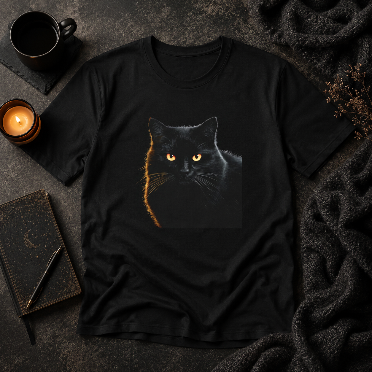 A black short-sleeve T-shirt laid flat on a dark textured surface, featuring a graphic print of a black cat with glowing yellow eyes and a gold streak. The shirt is styled with a mug, candle, notebook, and dark blanket around it.