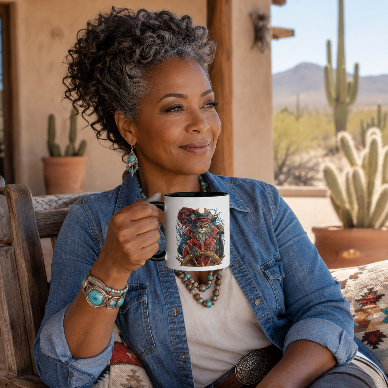 Woman enjoying the Guardian of the Loot Mug featuring a pirate cat, seated in a desert setting.