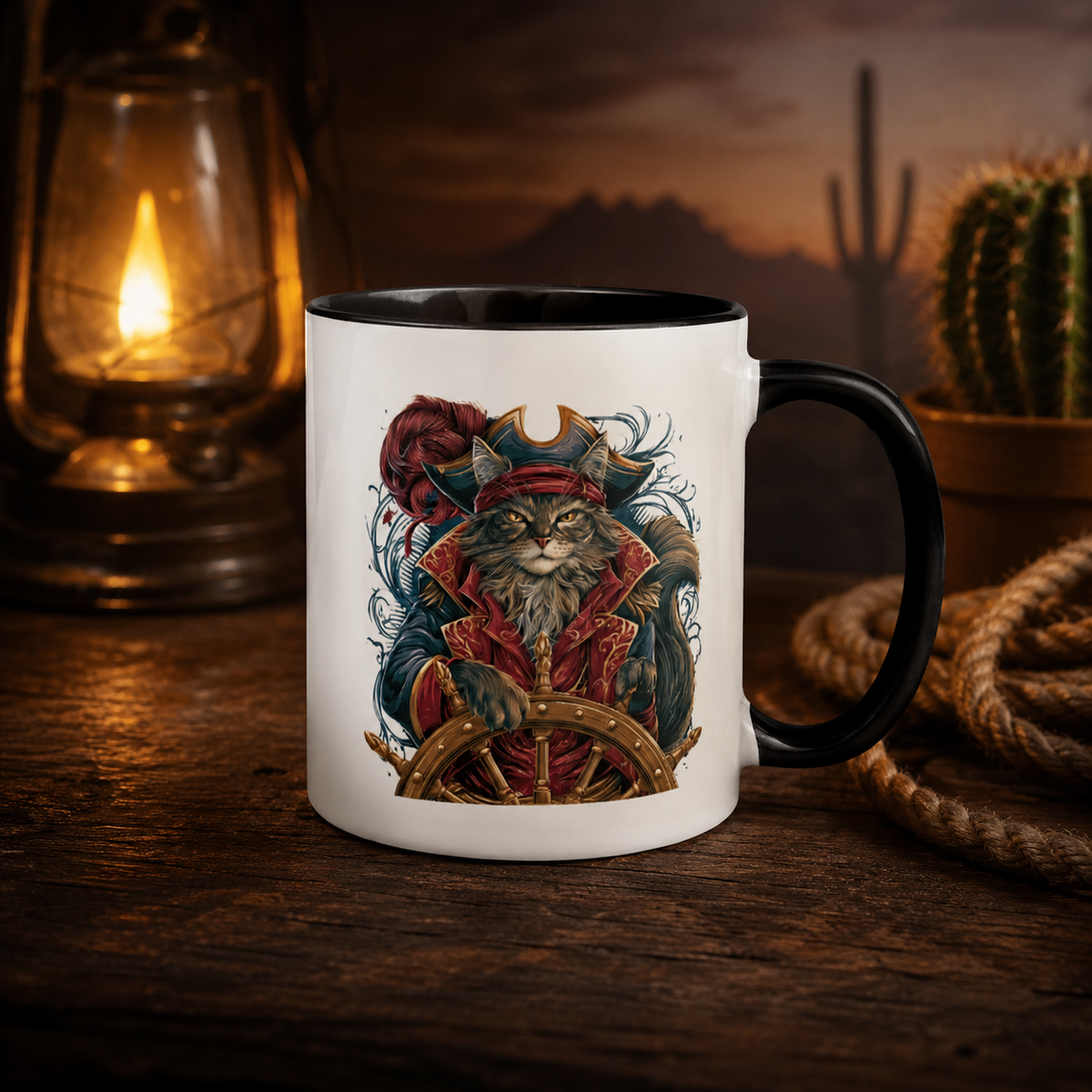Guardian of the Loot Mug with a cat dressed as a pirate, illuminated by warm lantern light.