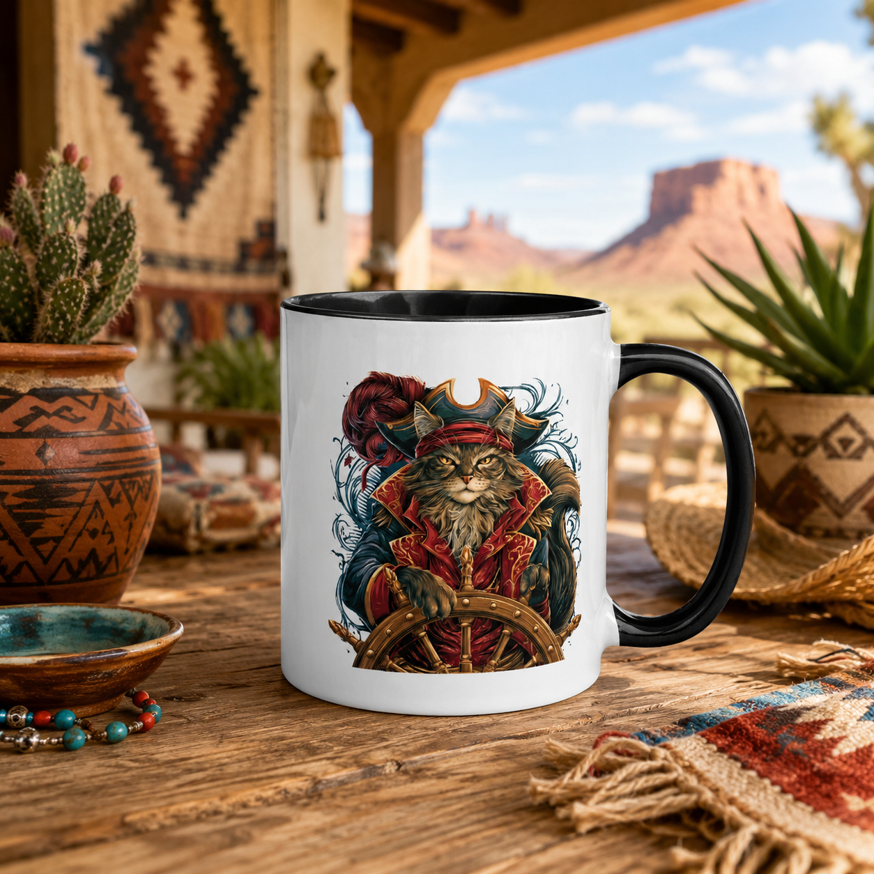 Guardian of the Loot Mug featuring a cat in pirate attire, set in a rustic outdoor scene.