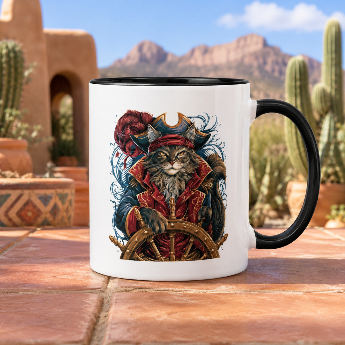 Guardian of the Loot Mug showcasing a cat in pirate costume against a desert backdrop.