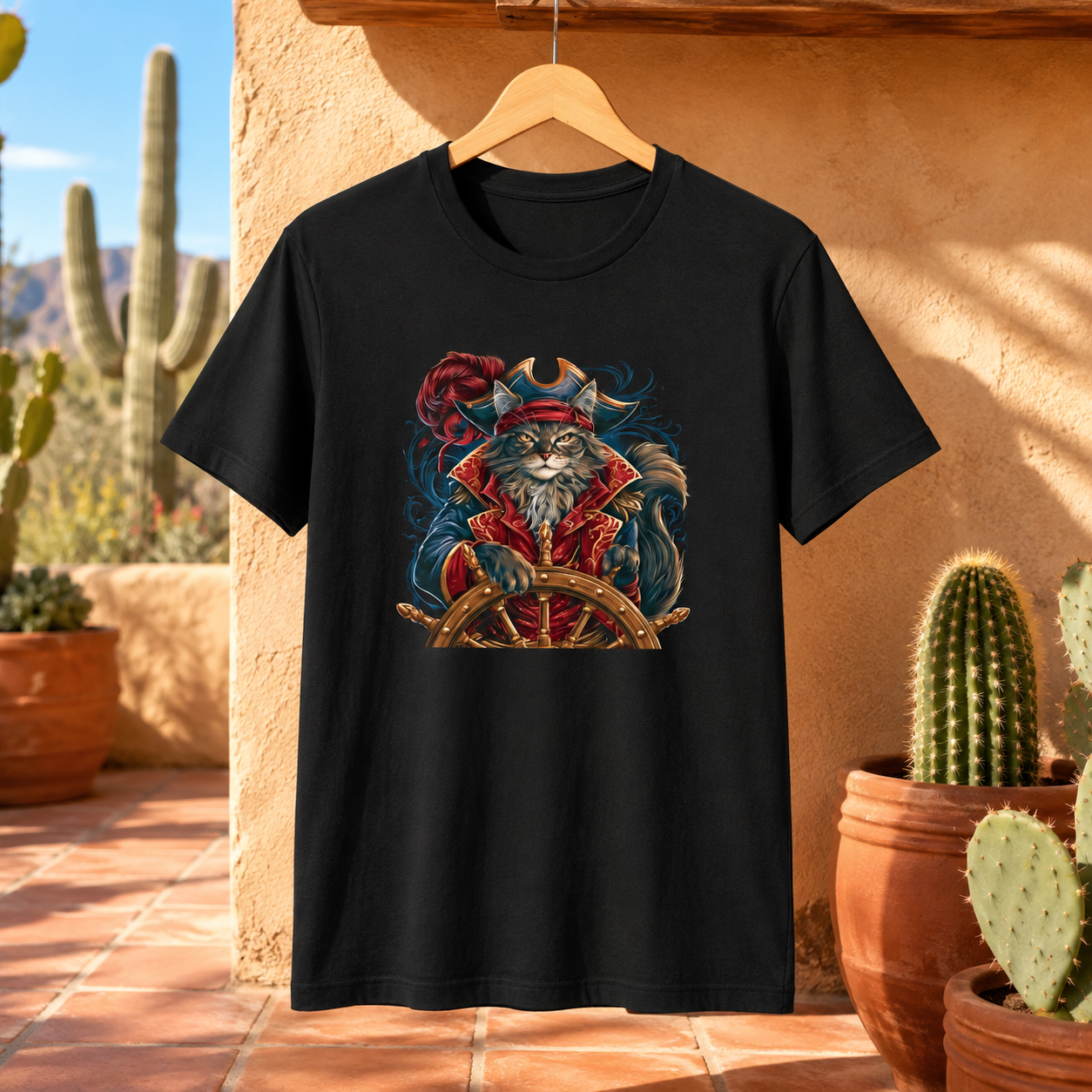 Black tee with a cat pirate design hanging on a wooden hanger in a desert scene.
