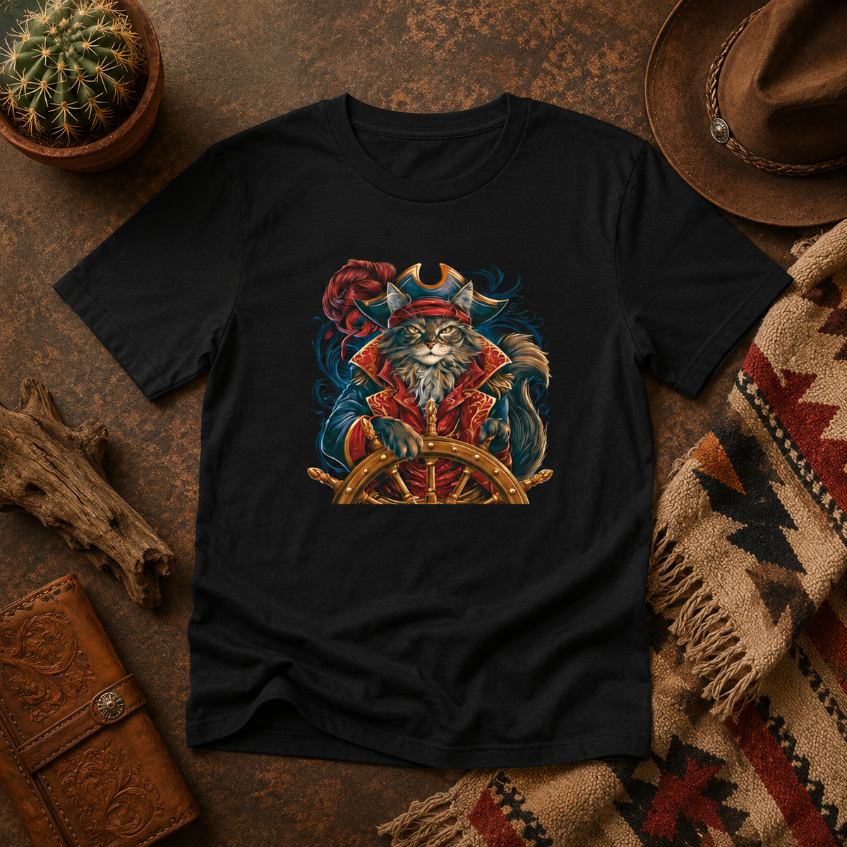 Black tee featuring a cat pirate design on a rustic background with a cactus.
