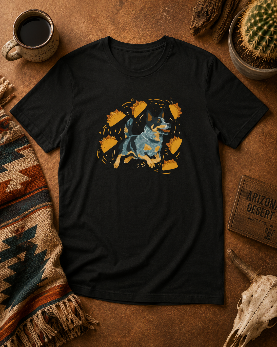 A black short-sleeve graphic t-shirt laid flat on a rustic brown surface, featuring a colorful print of a Australian cattle dog surrounded by golden tacos. The shirt is styled in a southwestern-themed flat lay with a mug, cactus, blanket, and a small sign.