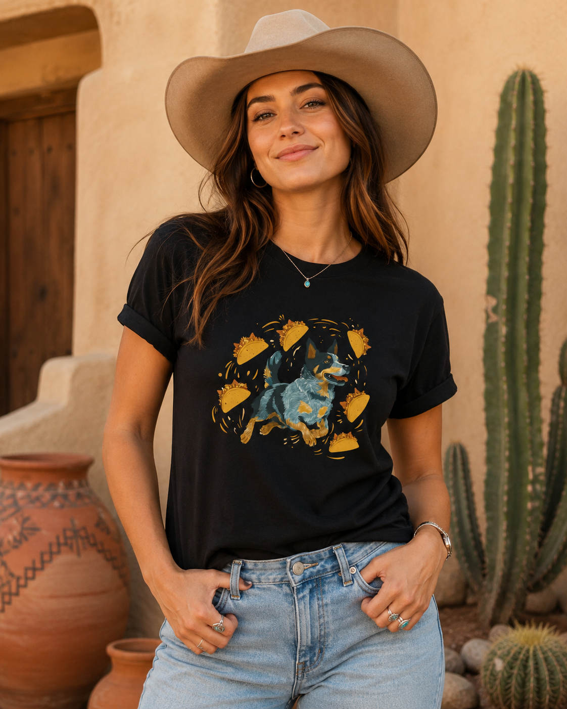 A woman wearing a black graphic t-shirt with a colorful print of a Australian cattle dog surrounded by golden tacos. with a beige cowboy hat and light blue jeans, standing in front of a warm adobe wall with cacti.