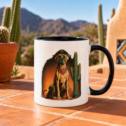 High Desert Rogues Mug featuring a dog and cat with cacti in a desert setting