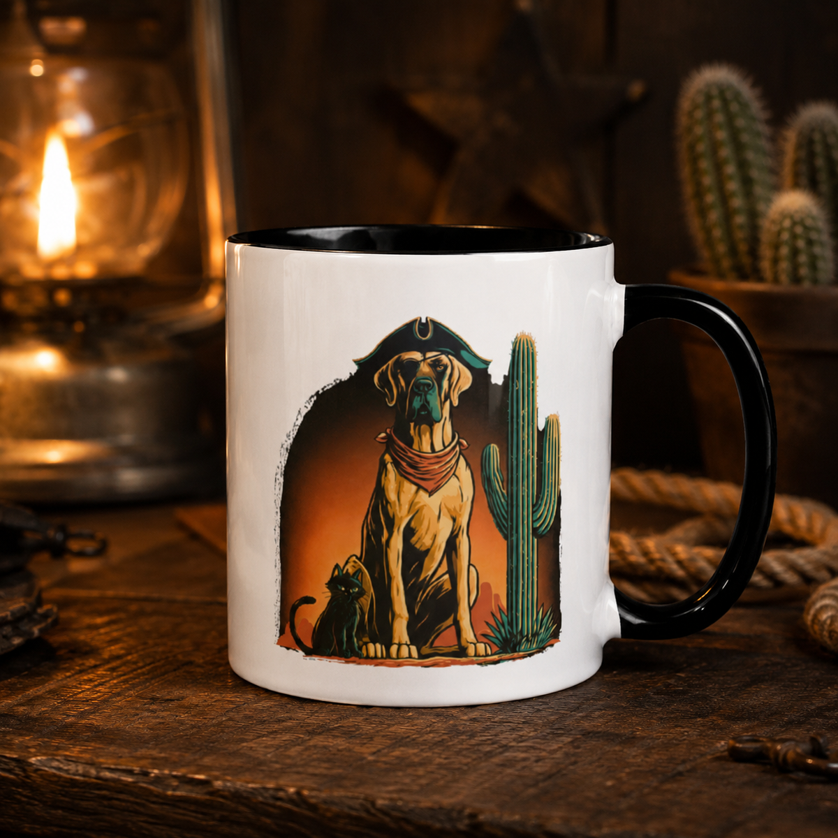 High Desert Rogues Mug with a dog and cat in a rustic indoor setting