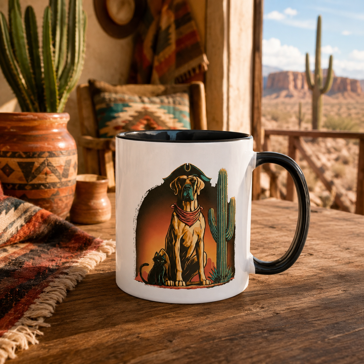 High Desert Rogues Mug on a wooden table with desert decor in the background