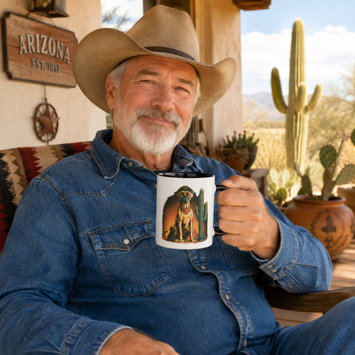 Man in a cowboy hat holding a High Desert Rogues Mug outdoors