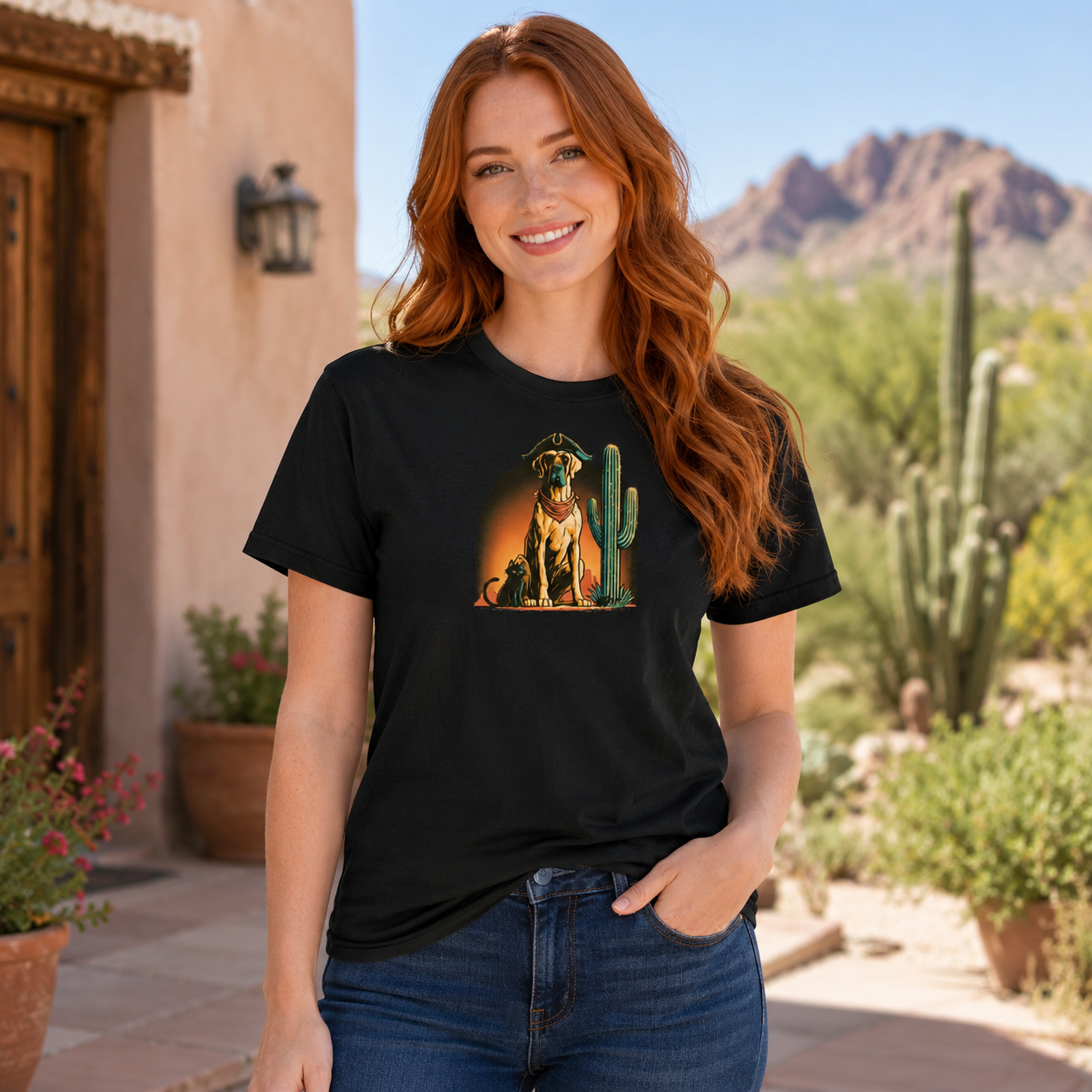 Woman wearing a black t-shirt featuring a dog and cactus design in a desert setting.