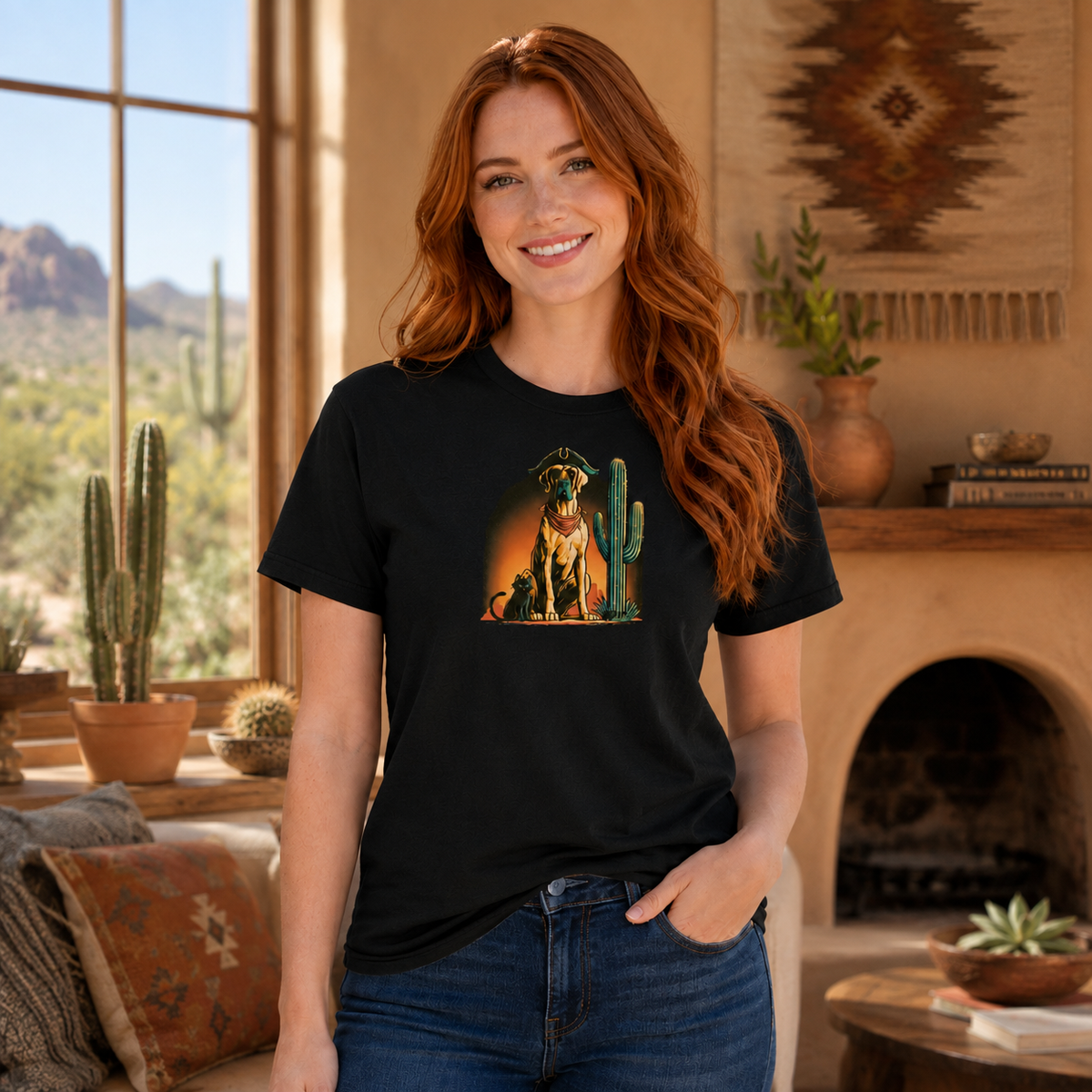 Woman wearing a black t-shirt with a dog and cactus design in a desert-themed room.