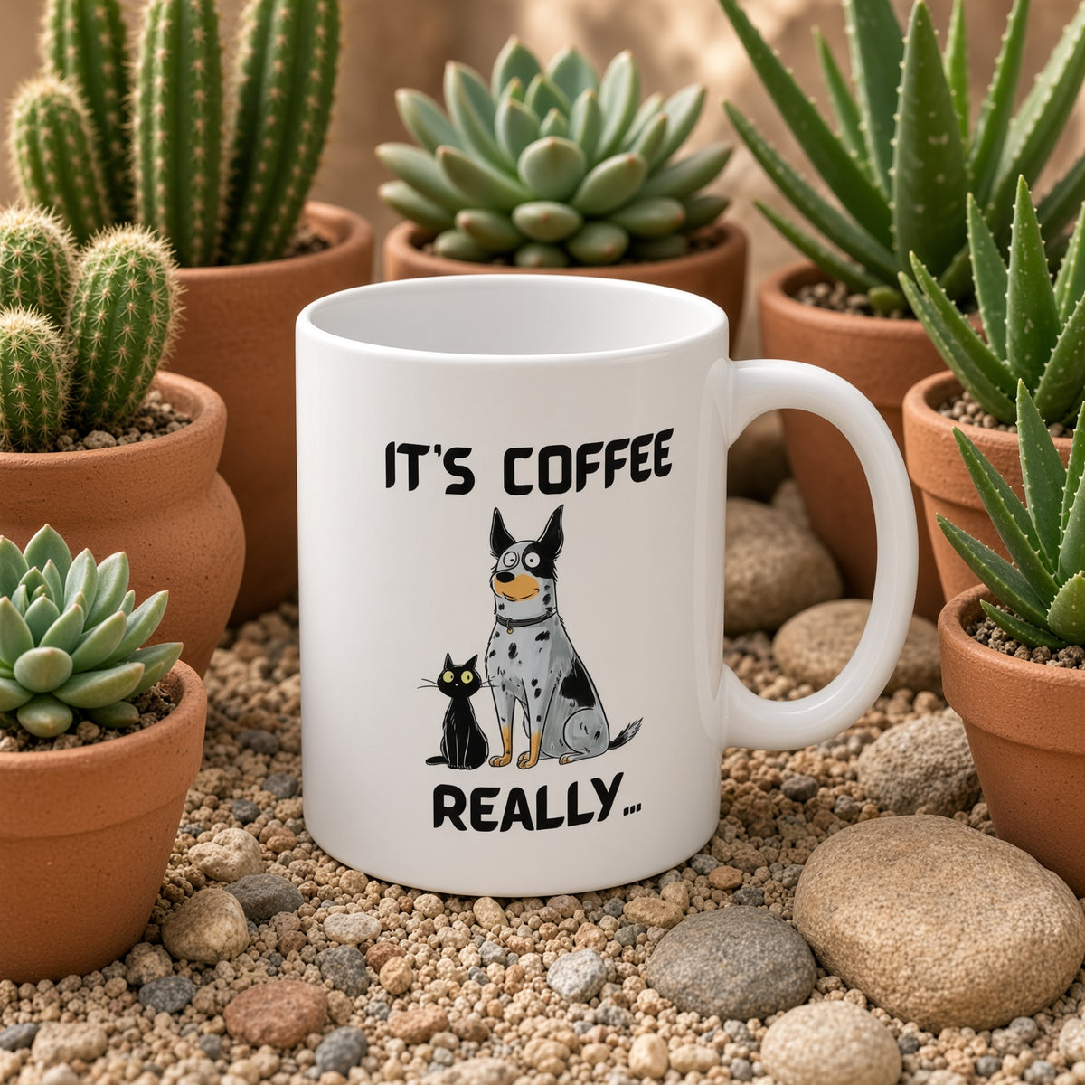 White mug featuring a blue heeler dog and a black cat, surrounded by potted succulents and gravel, with 'IT'S COFFEE REALLY...'.