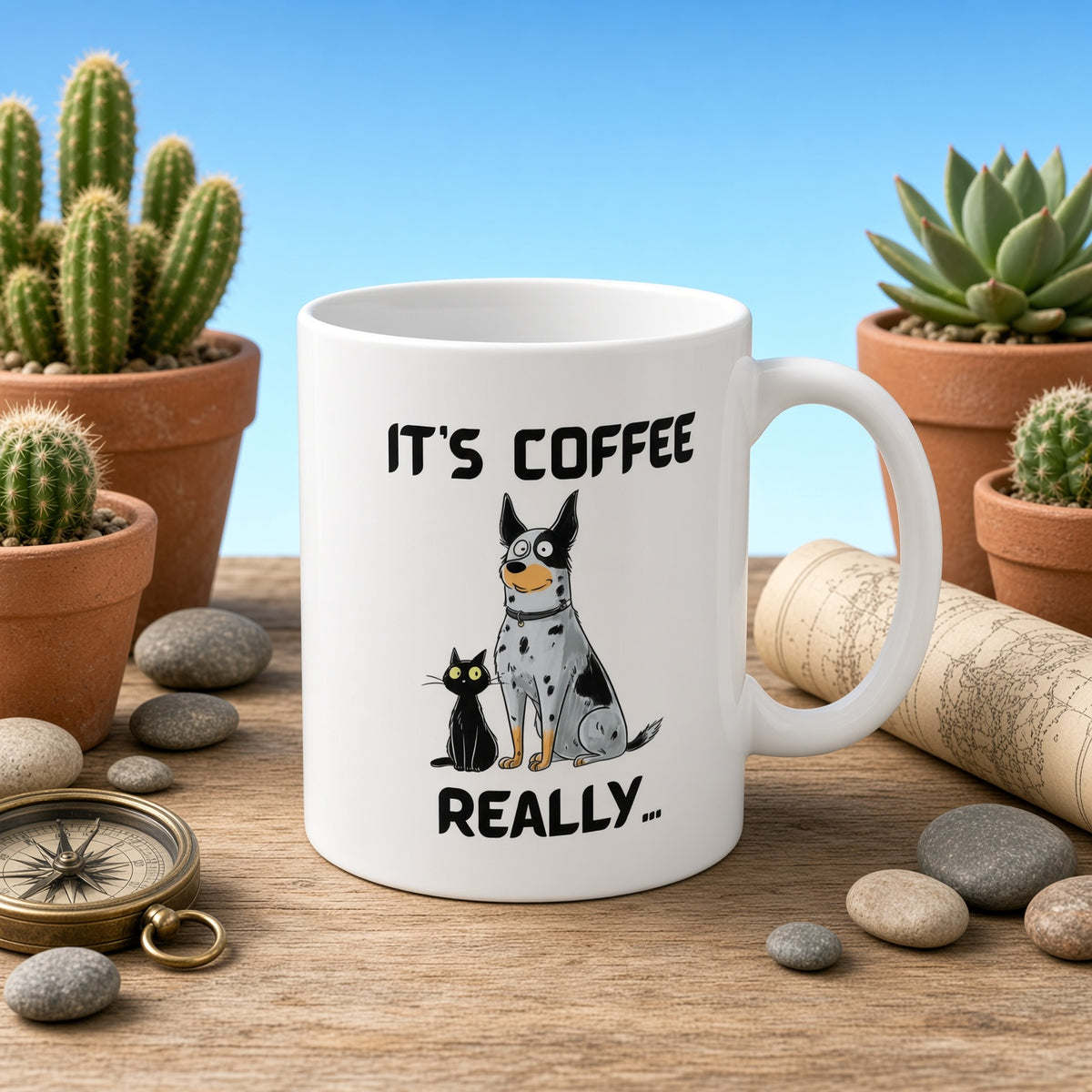 White mug with a blue heeler dog and a black cat, surrounded by plants and stones, saying 'IT'S COFFEE REALLY...'.