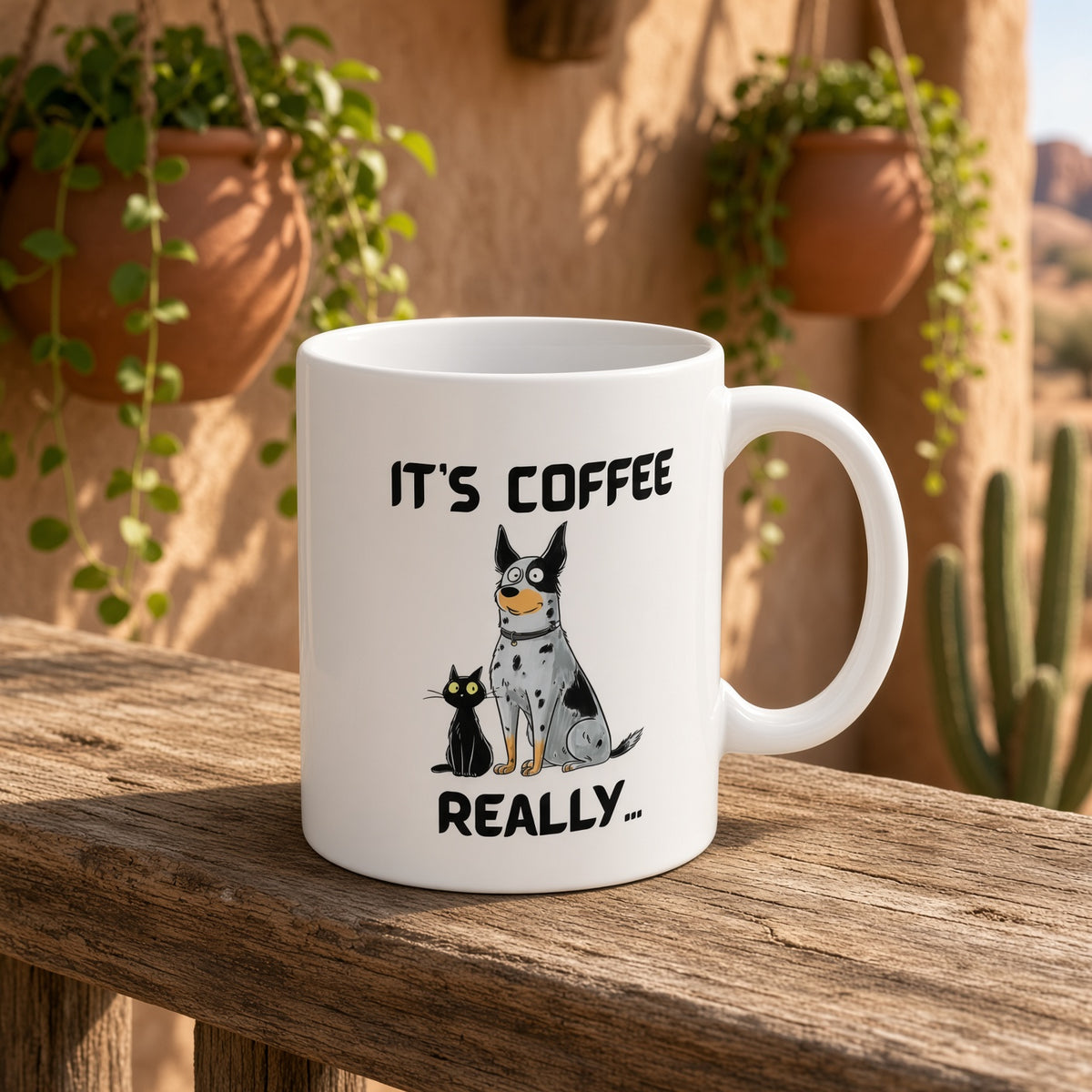 White mug displaying a blue heeler dog and a black cat with 'IT'S COFFEE REALLY...' text, set on a wooden table with hanging plants.