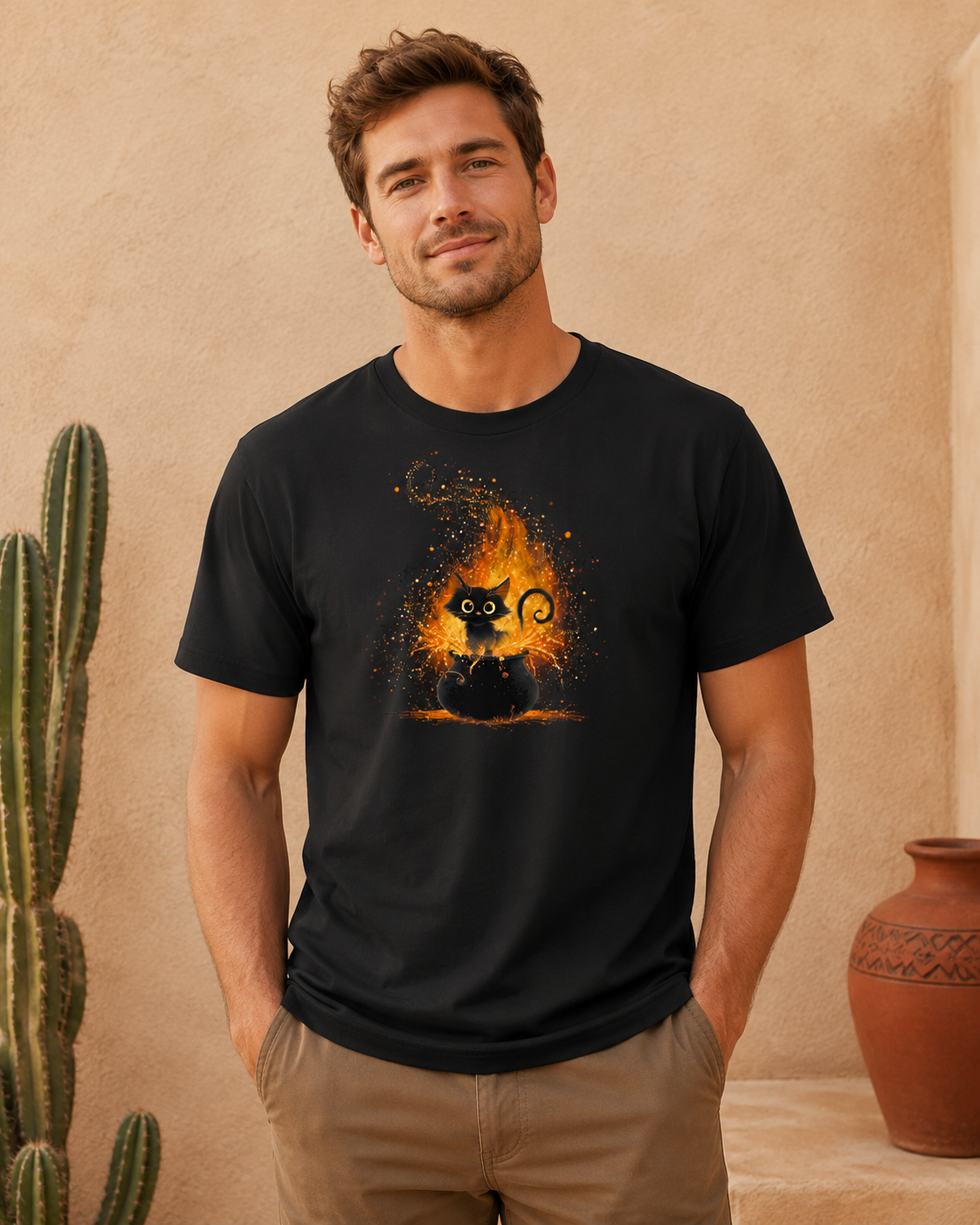 A man wearing a black crewneck t-shirt with a graphic of a little black cat and a bubbling cauldron. The setting is a warm, desert-style interior with a cactus on the left and a terracotta pot on the right.