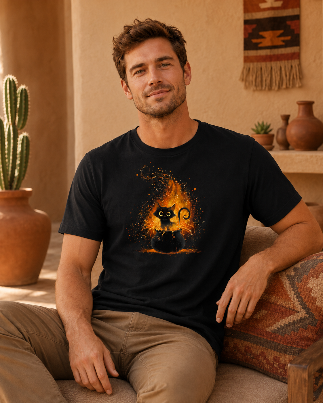 A man wearing a black graphic t-shirt with a little black cat and a bubbling cauldron sitting in a warm, rustic desert-style room.