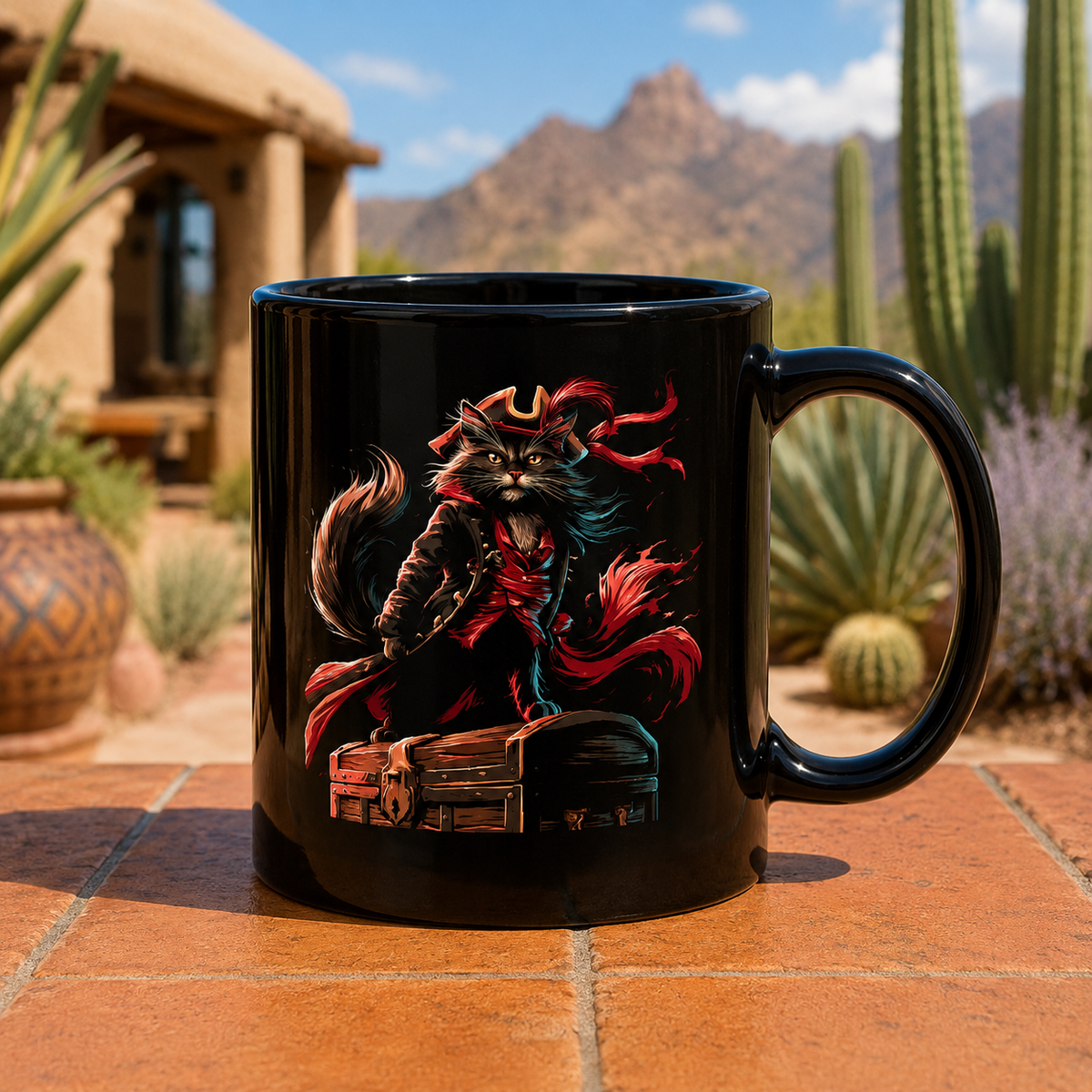 Black mug featuring a pirate cat design with a red cape and hat, set outdoors.