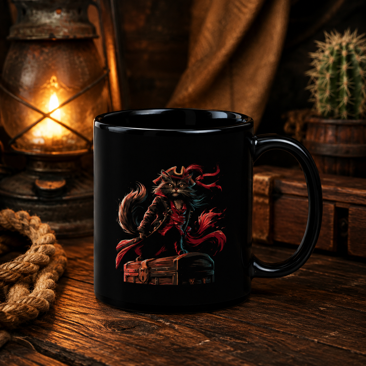 Black mug featuring a pirate cat design, illuminated by a lantern in a cozy setting.