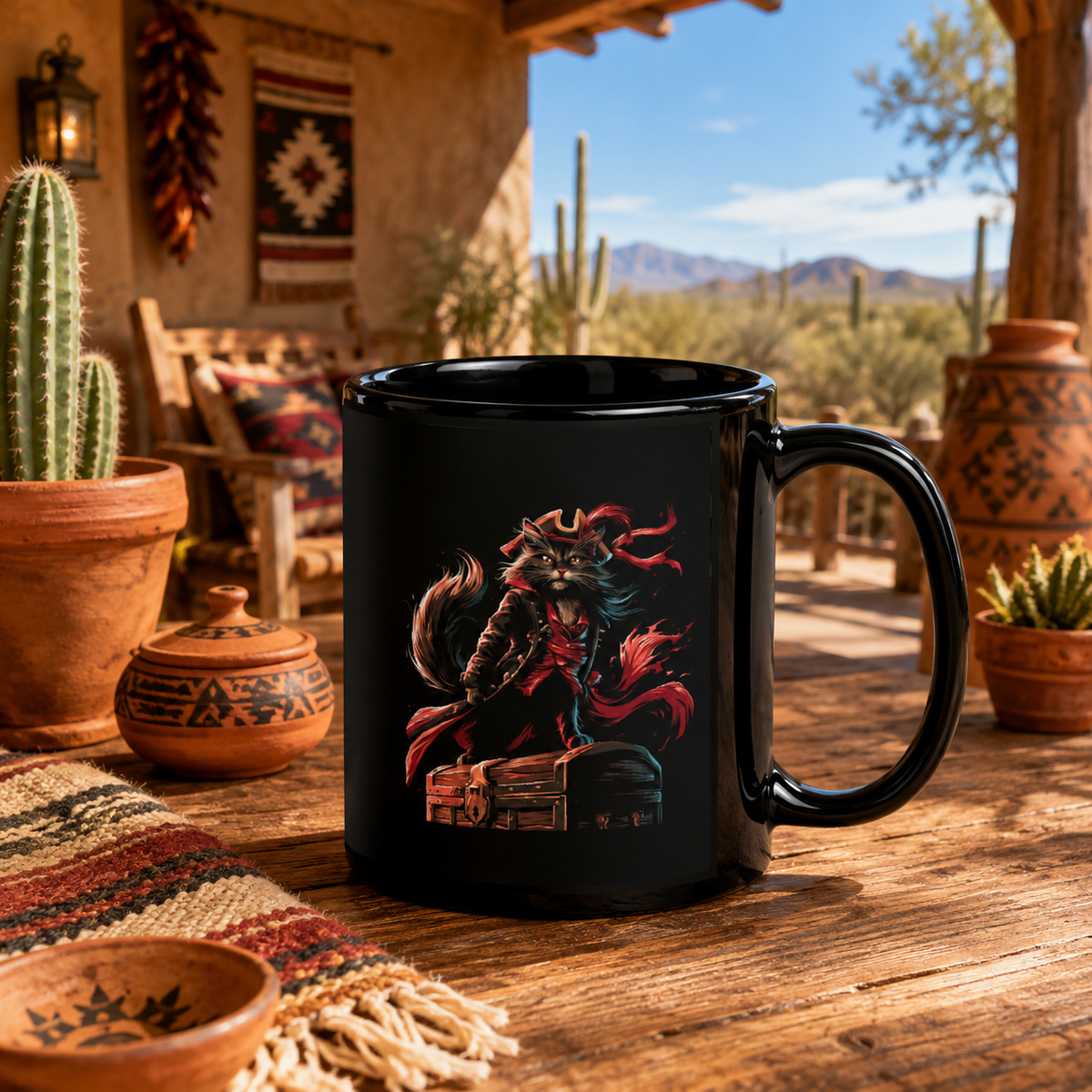 Black mug with a pirate cat design on a rustic table surrounded by decor.