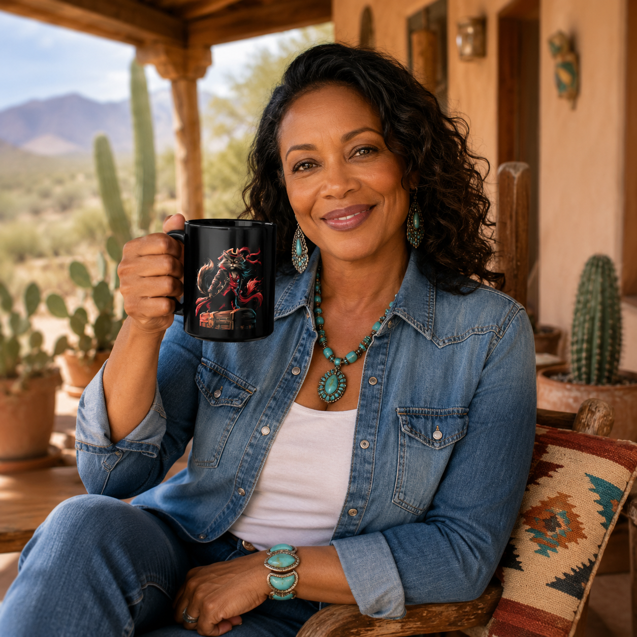 Woman holding a black mug with a pirate cat design, smiling outdoors.