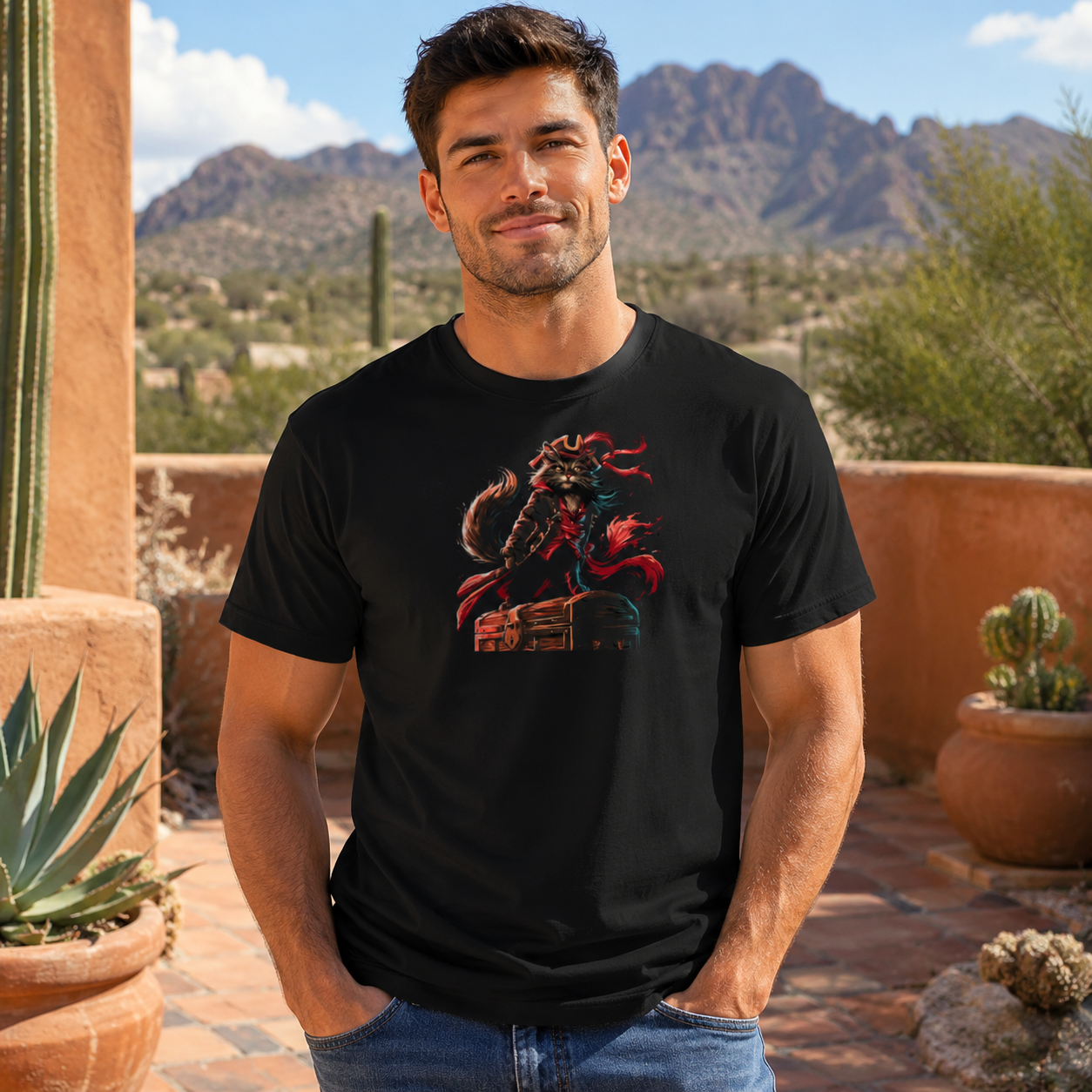 Man wearing a black t-shirt featuring a colorful animal design in a desert setting.