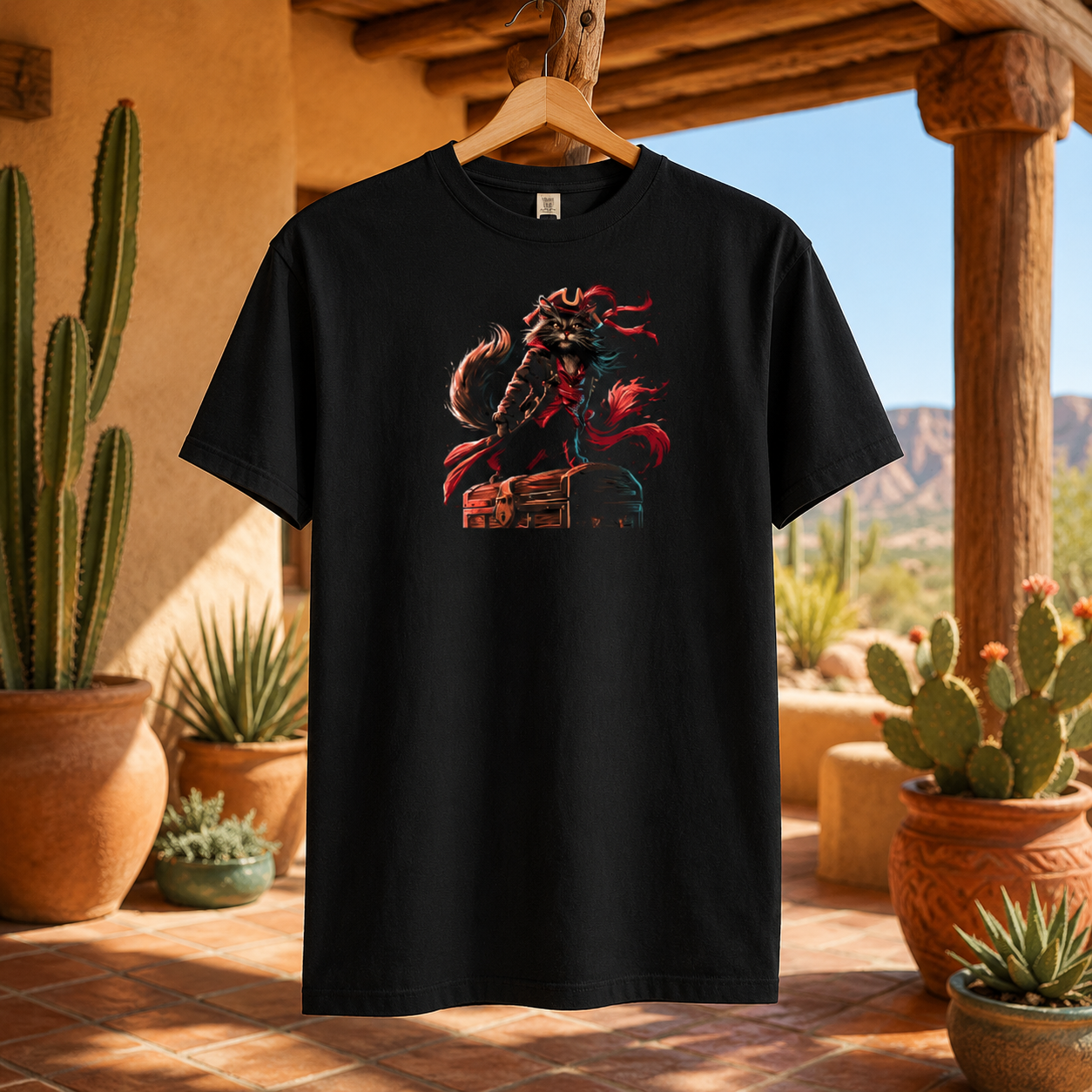 Black t-shirt featuring a pirate cat design with a red scarf and treasure chest