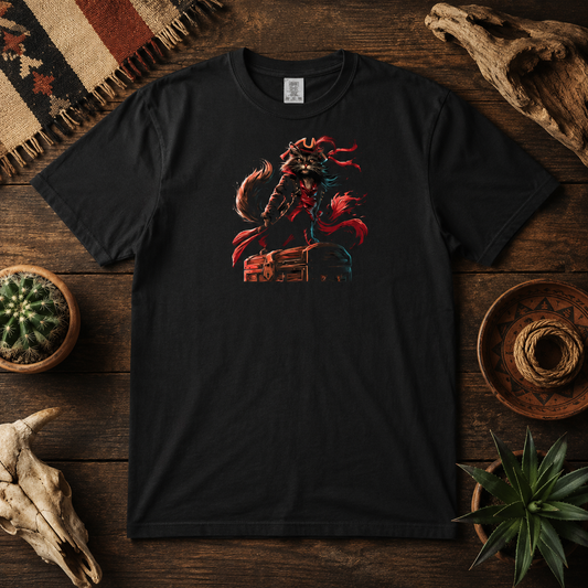 Black t-shirt with a colorful animal design displayed on a wooden table with decorative items.
