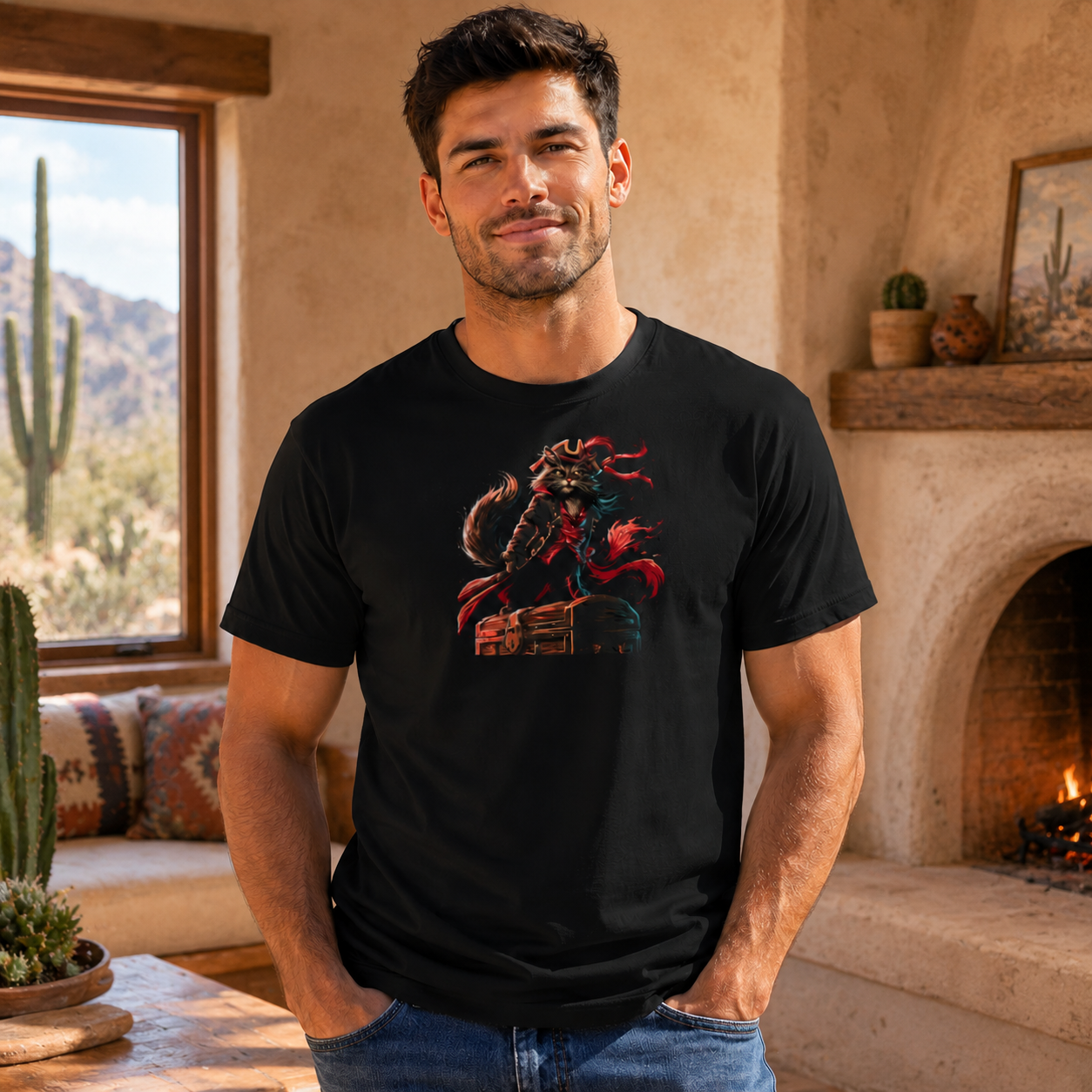 Man in a black t-shirt with a colorful animal design, standing in a cozy desert-style room.