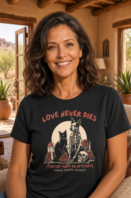 Woman wearing a black t-shirt with a gothic cat skeleton design and floral elements.