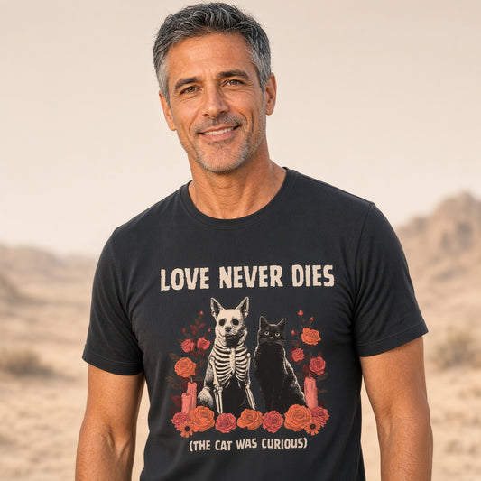 Man wearing a black t-shirt with a skeleton dog and black cat design.