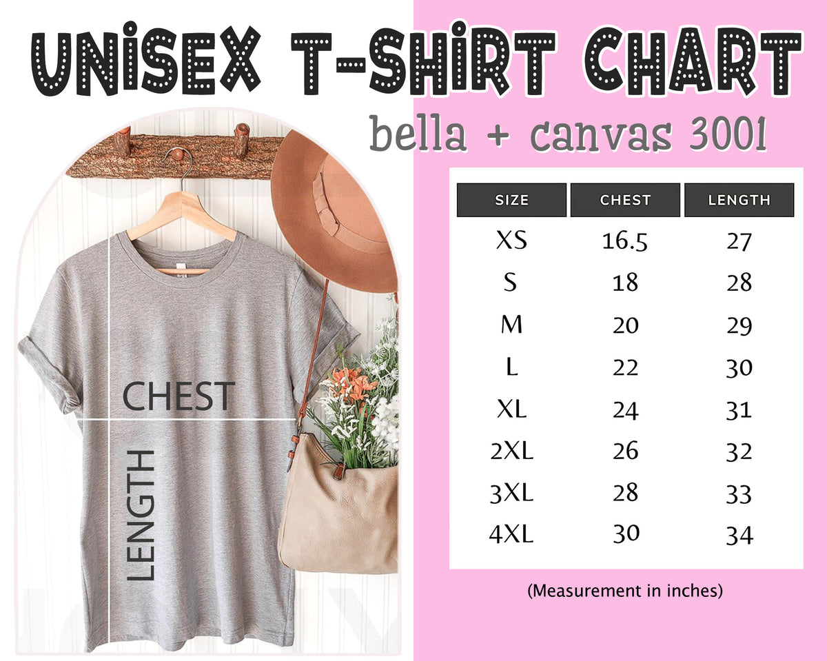 Unisex t-shirt chart for bella + canvas 3001 with a gray t-shirt, hanger, and measuring guide on a pink background.