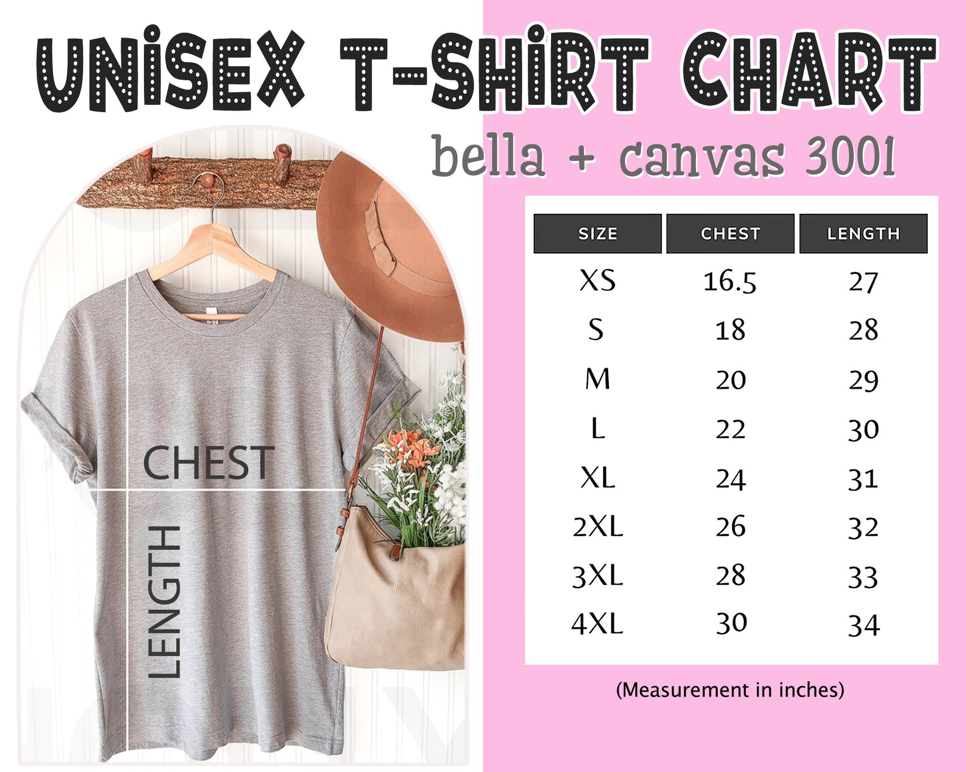Unisex t-shirt chart for bella + canvas 3001 with a gray t-shirt, hanger, and measuring guide on a pink background.