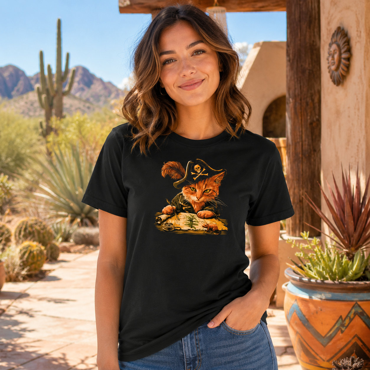 Woman wearing a black t-shirt featuring a pirate cat design in a desert setting.