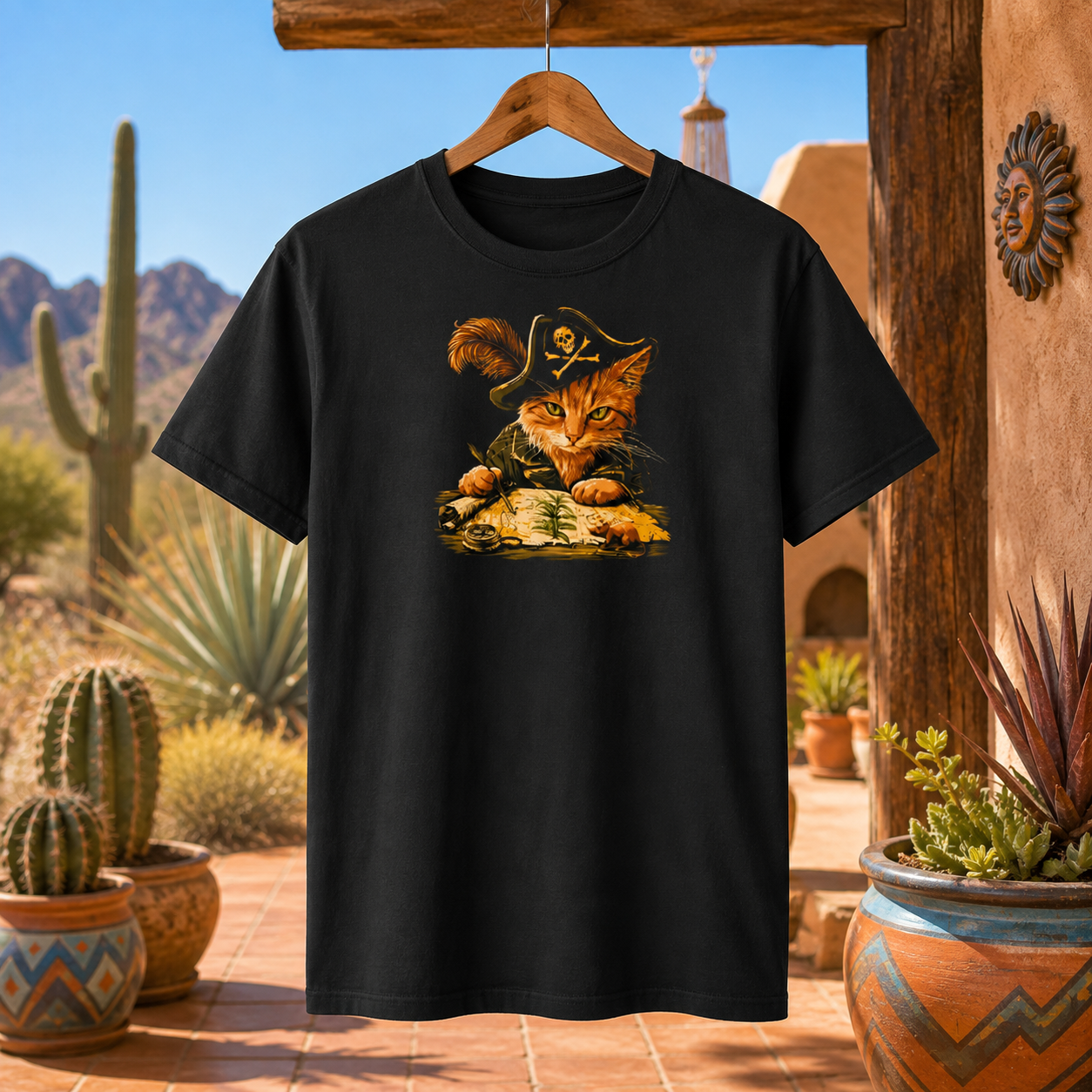 Black t-shirt featuring a pirate cat design hanging in a desert-themed setting.