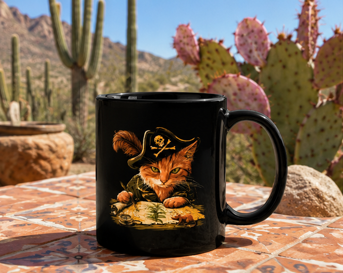 Black mug featuring a pirate cat design on a desert table with cacti in the background.