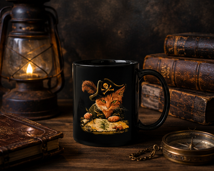 Black mug with a pirate cat design on a wooden table surrounded by books and a lantern.