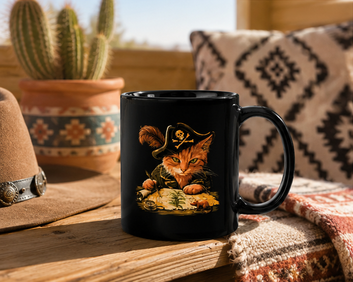 Black mug with a pirate cat design on a rustic wooden table with a hat and plants.