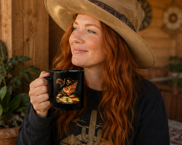 Woman holding a black mug with a pirate cat design, smiling in a rustic setting.