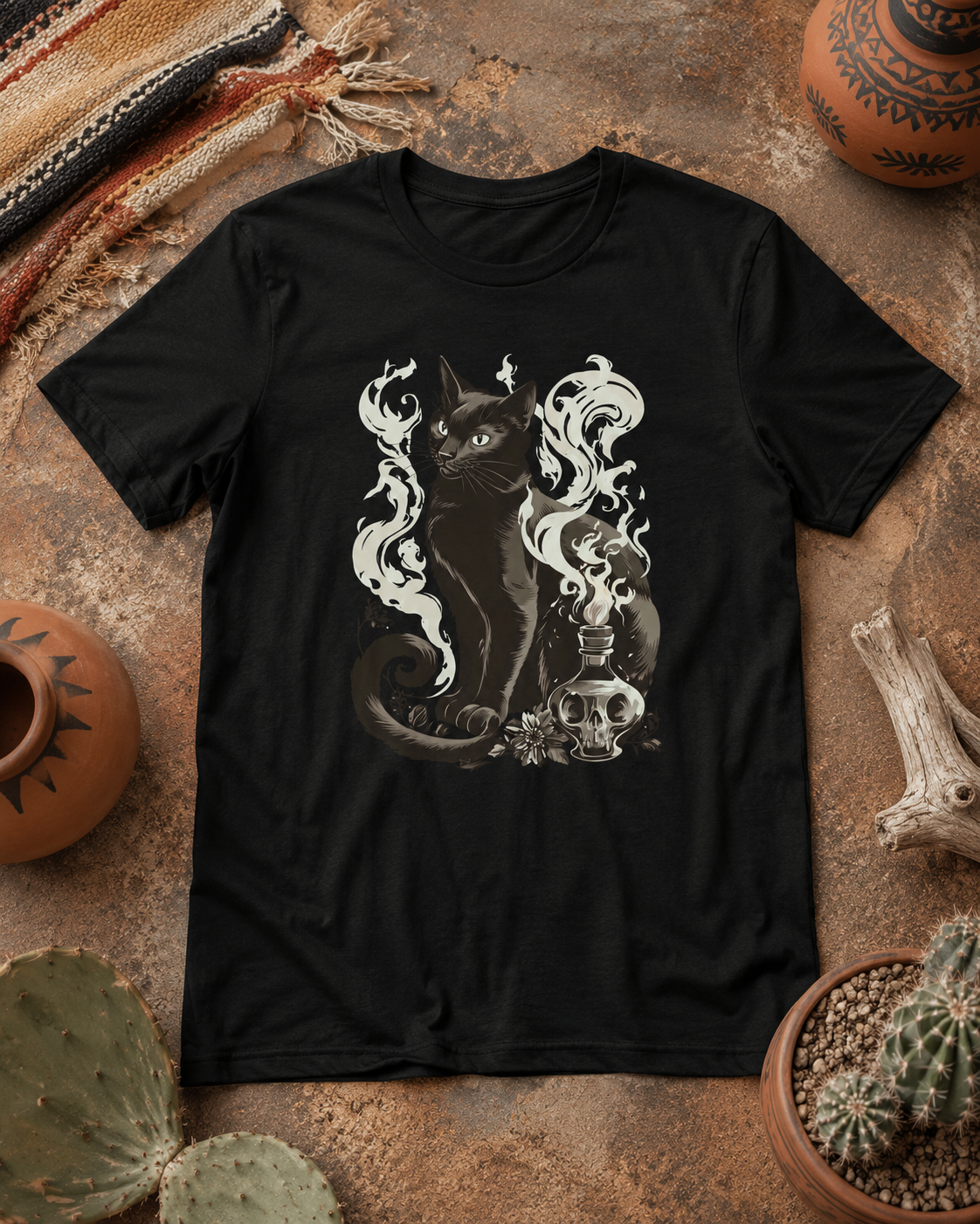 A black short-sleeve t-shirt with a graphic of a black cat surrounded by white smoke, a skull, laid flat on a rustic brown textured surface with decorative props like a woven blanket, cactus, and pottery.